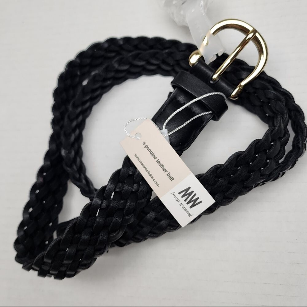 Most Wanted Black Leather Braided Belt NWT L Gold Buckle Classic Boho